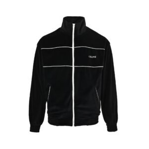 Celine Black Logo Embroidered Corduroy Cotton Zipped Bomber Jacket