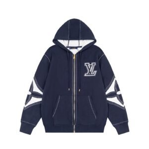 Louis Vuitton Graphic Intarsia Zipped Cotton Hoodie Navy/White