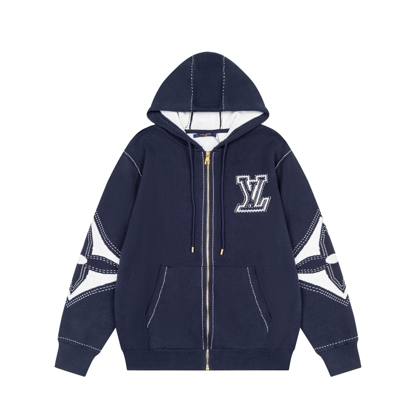 Louis Vuitton Graphic Intarsia Zipped Cotton Hoodie Navy/White