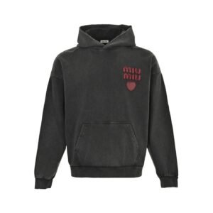 Miu Miu Red Heart Logo Hoodie In Dark Grey