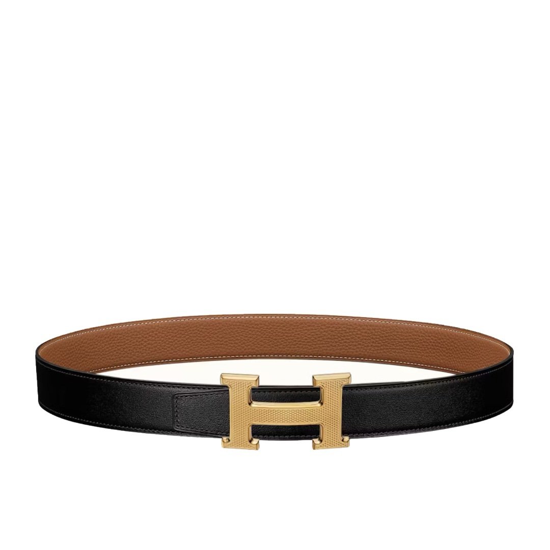 Hermes Gold H Belt Buckle & Reversible Leather Strap Black/Brown