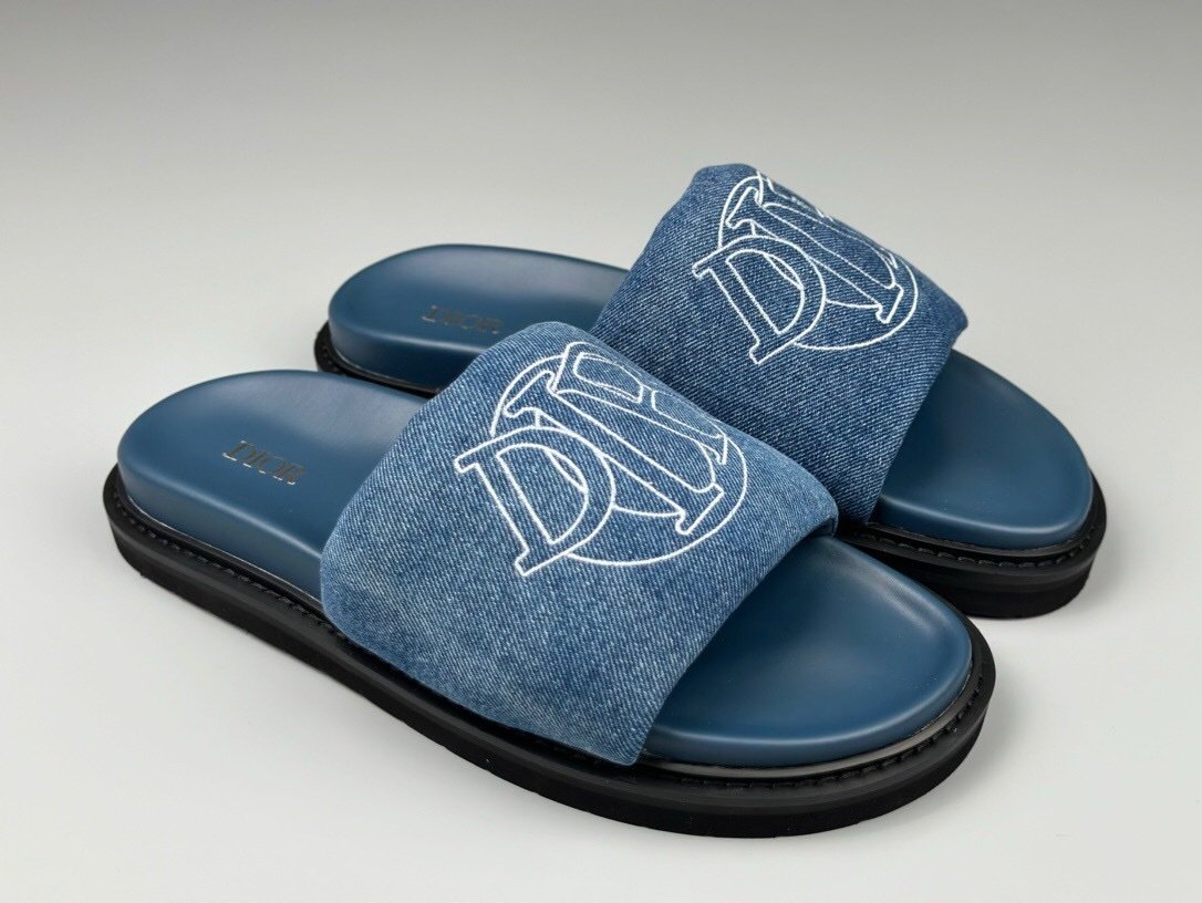 Dior Aqua Blue Quilted Denim Slide Sandals - Afbeelding 2
