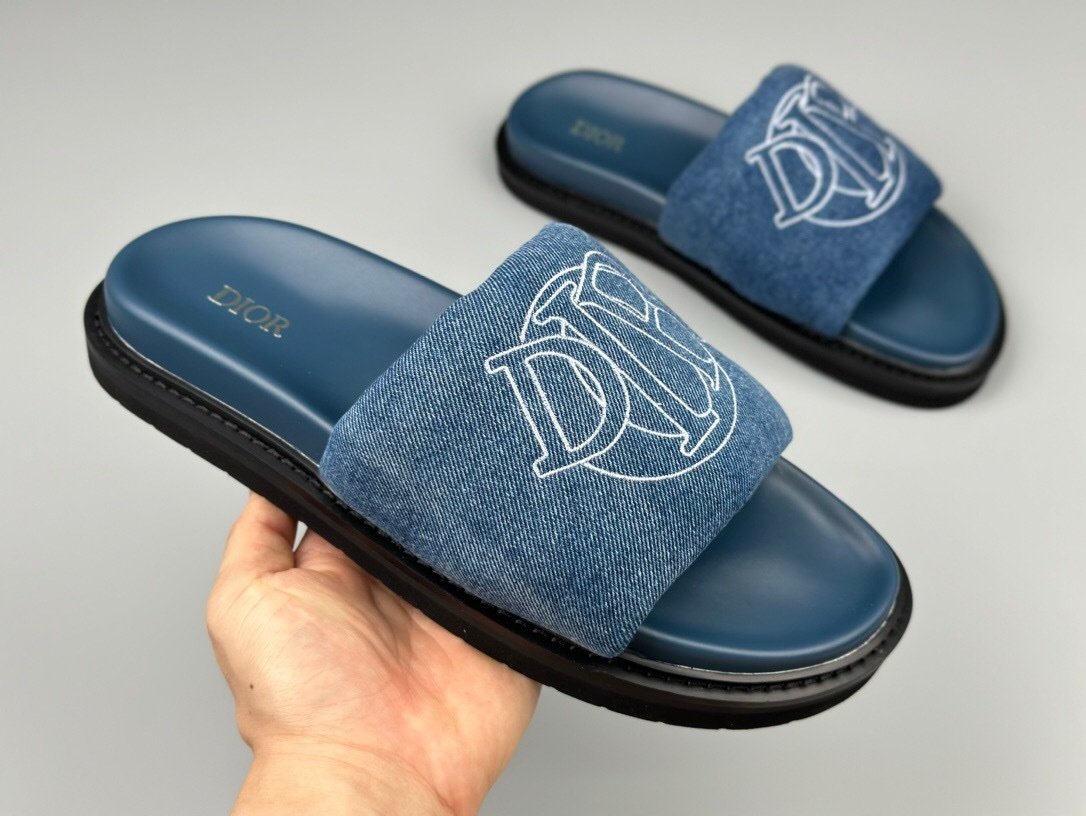 Dior Aqua Blue Quilted Denim Slide Sandals - Afbeelding 5