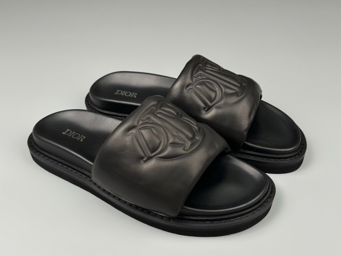 Dior Aqua Black Leather Quilted Denim Slide Sandals - Afbeelding 2
