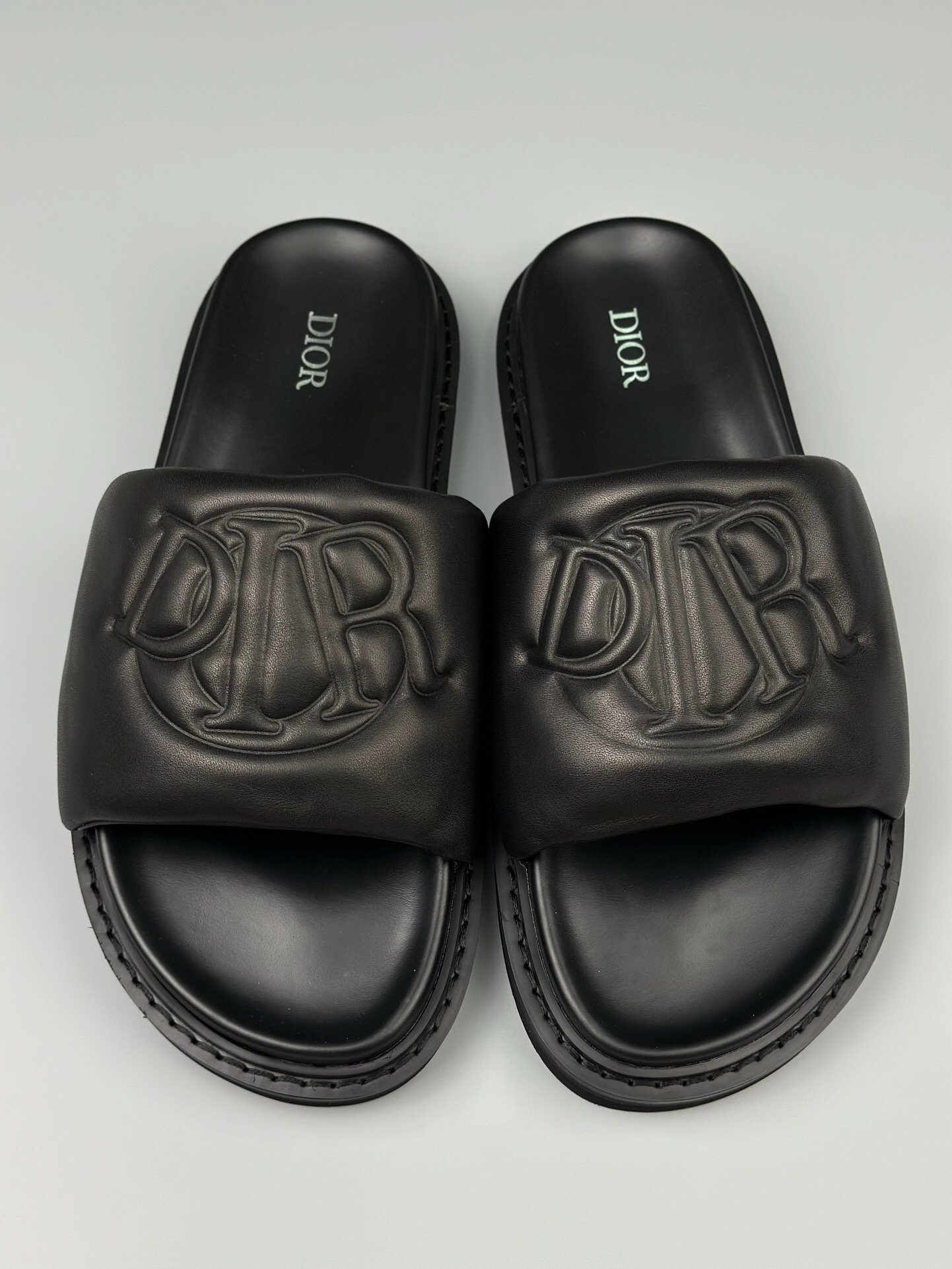 Dior Aqua Black Leather Quilted Denim Slide Sandals - Afbeelding 3