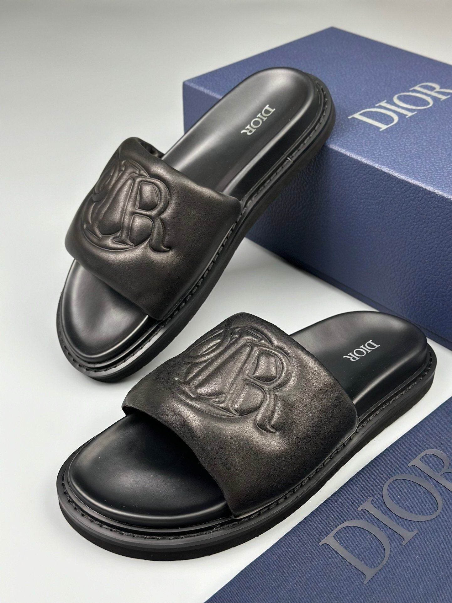 Dior Aqua Black Leather Quilted Denim Slide Sandals - Afbeelding 4
