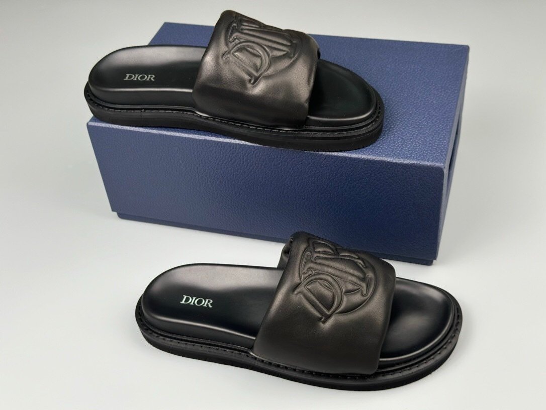 Dior Aqua Black Leather Quilted Denim Slide Sandals - Afbeelding 5