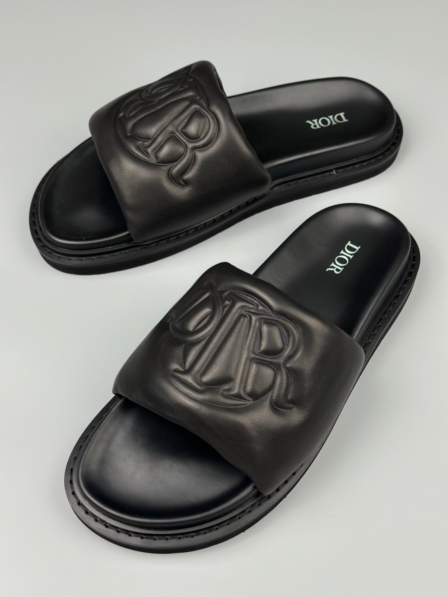 Dior Aqua Black Leather Quilted Denim Slide Sandals - Afbeelding 6