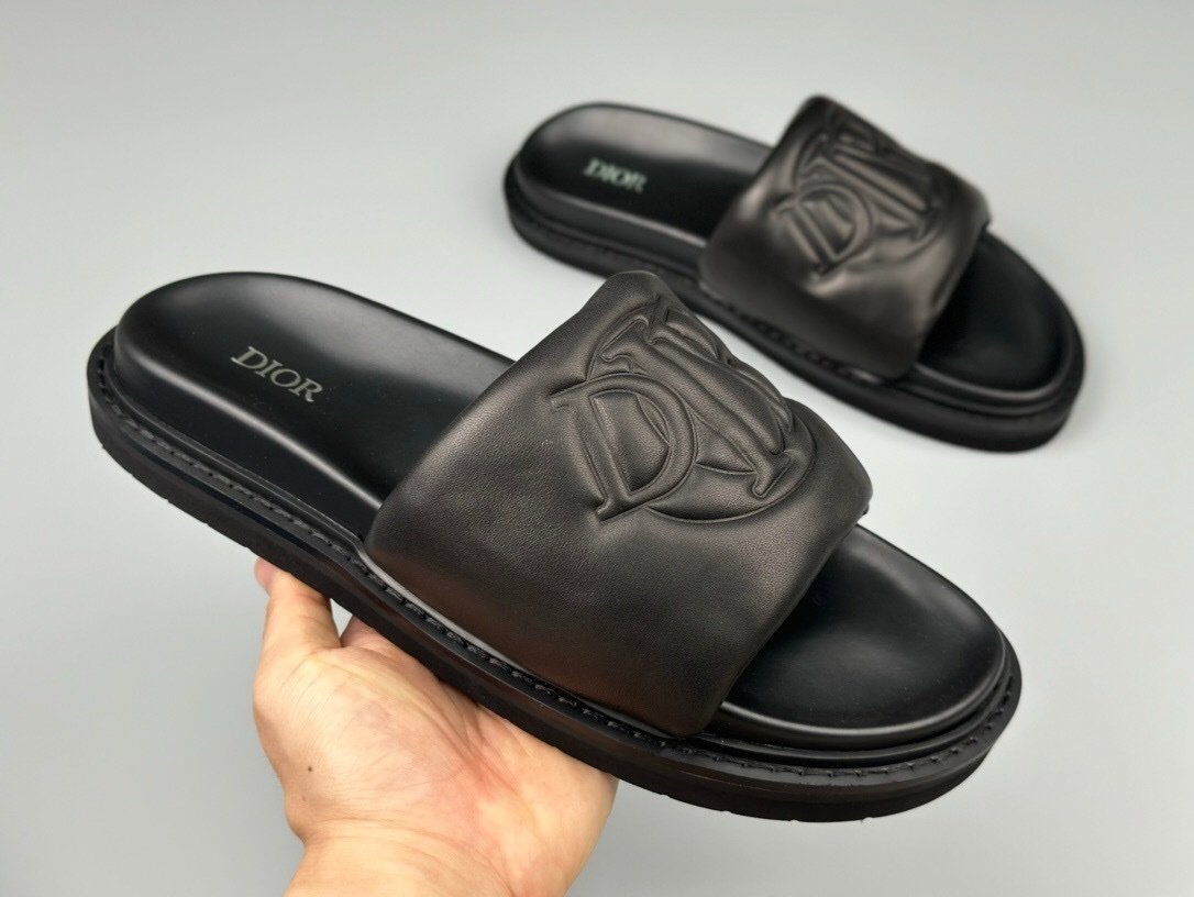Dior Aqua Black Leather Quilted Denim Slide Sandals - Afbeelding 7