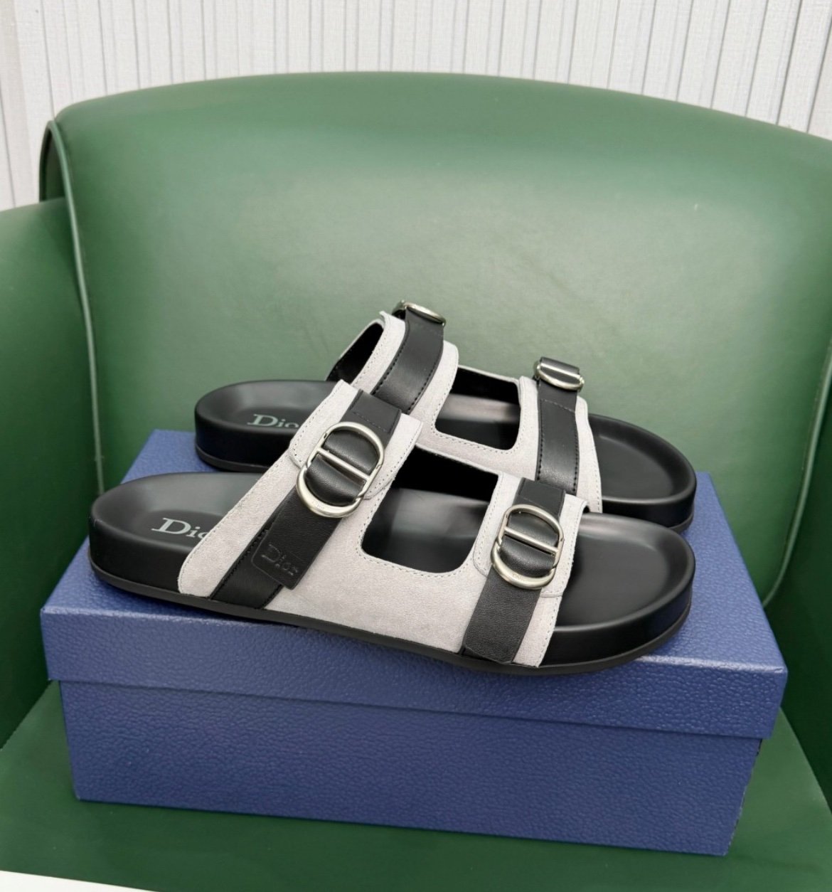 Dior CD Grey/Black Calfskin Suede Leather Sandals - Afbeelding 2