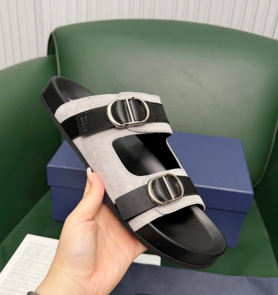Dior CD Grey/Black Calfskin Suede Leather Sandals - Afbeelding 4