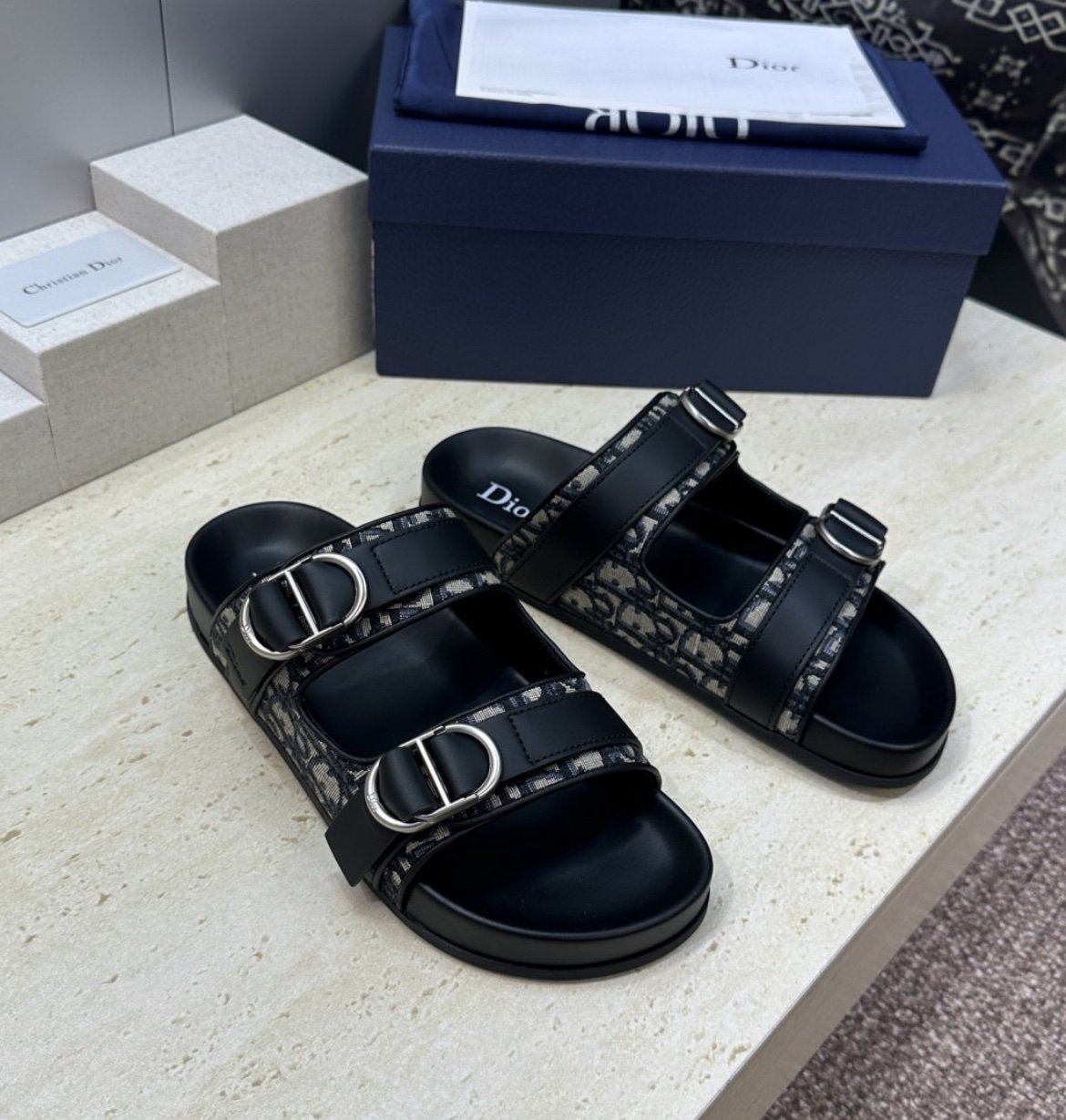 Dior Aqua CD Beige Leather Oblique Jacquard Sandal - Afbeelding 2