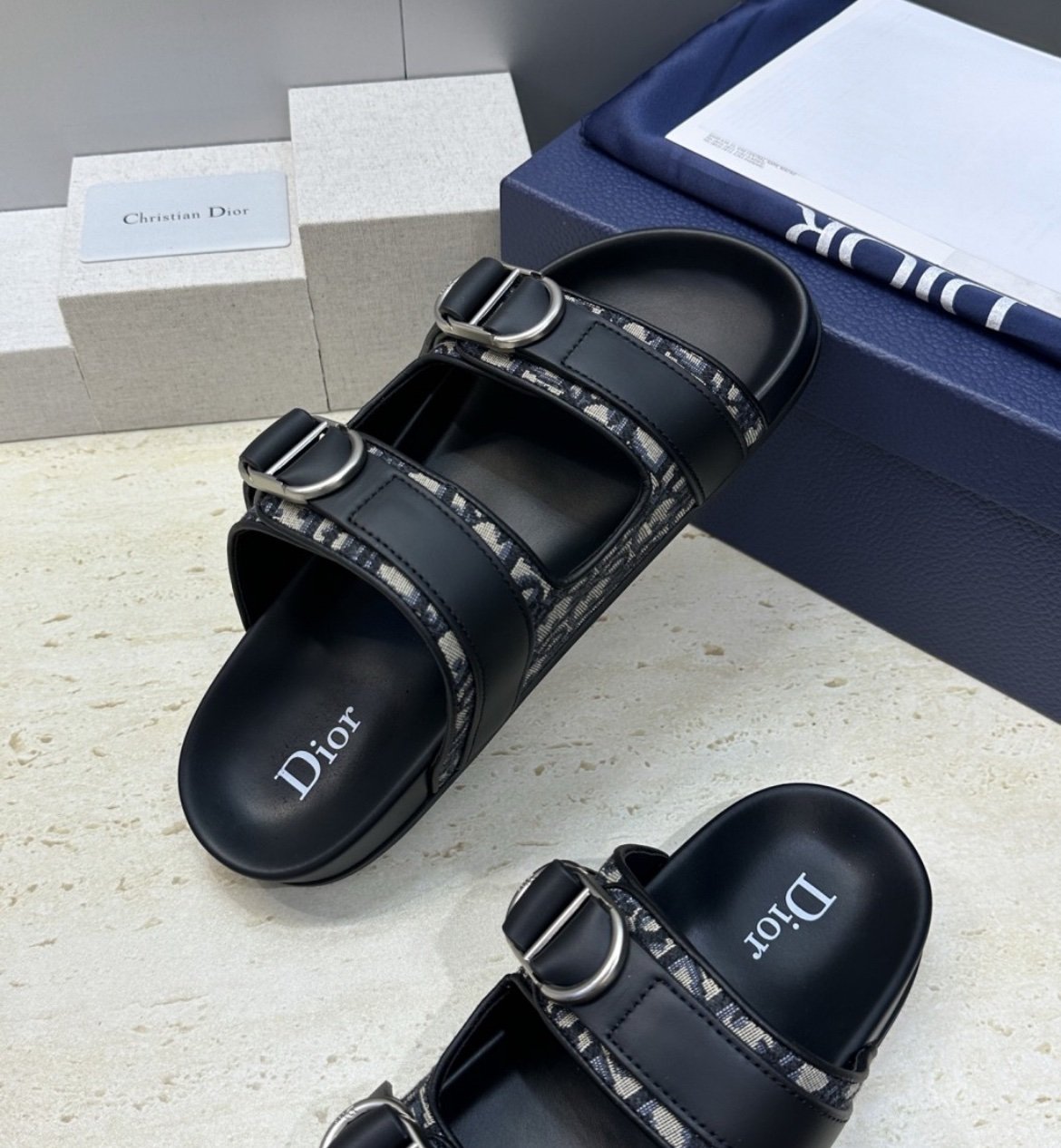 Dior Aqua CD Beige Leather Oblique Jacquard Sandal - Afbeelding 5