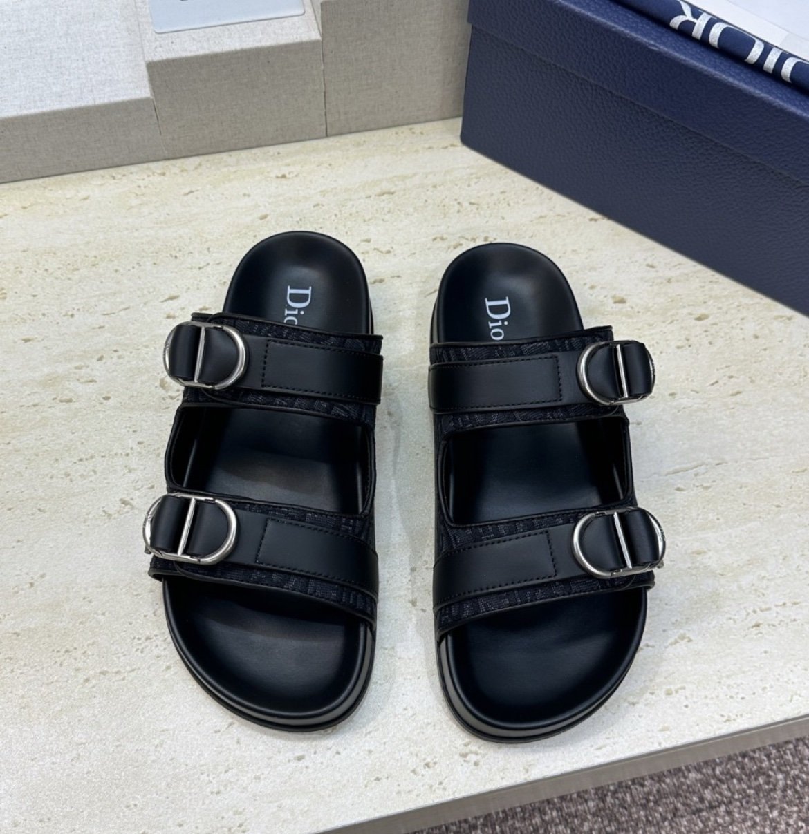 Dior Aqua CD Black Leather Oblique Jacquard Sandal - Afbeelding 2