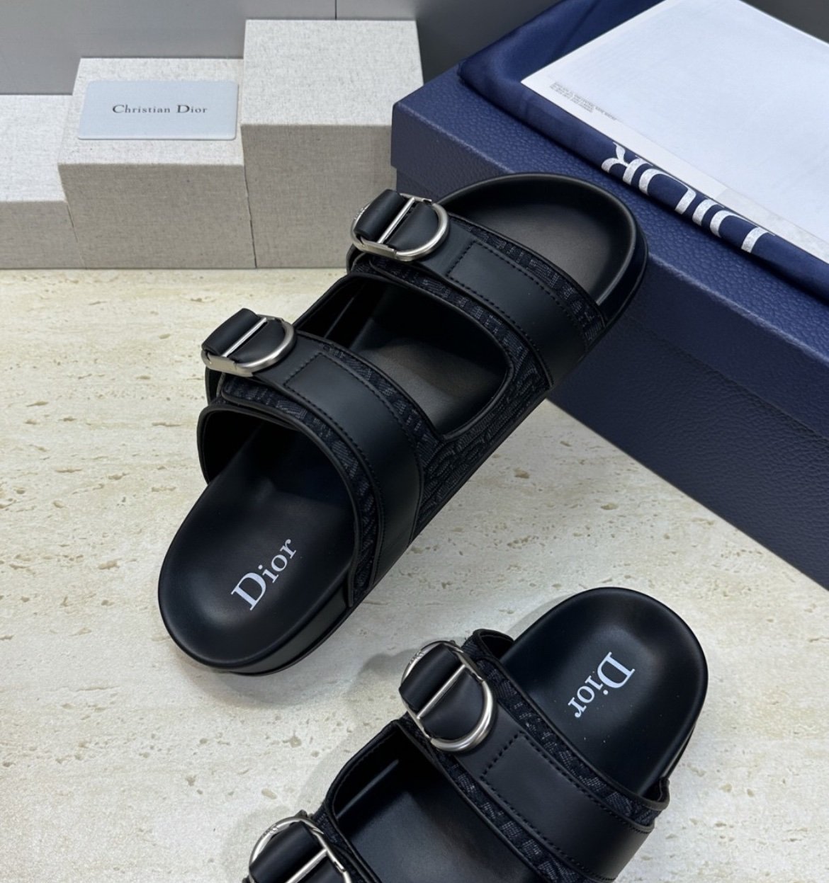 Dior Aqua CD Black Leather Oblique Jacquard Sandal - Afbeelding 4