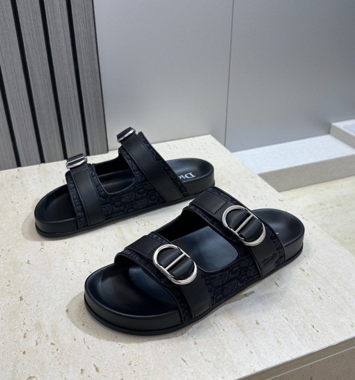 Dior Aqua CD Black Leather Oblique Jacquard Sandal - Afbeelding 5