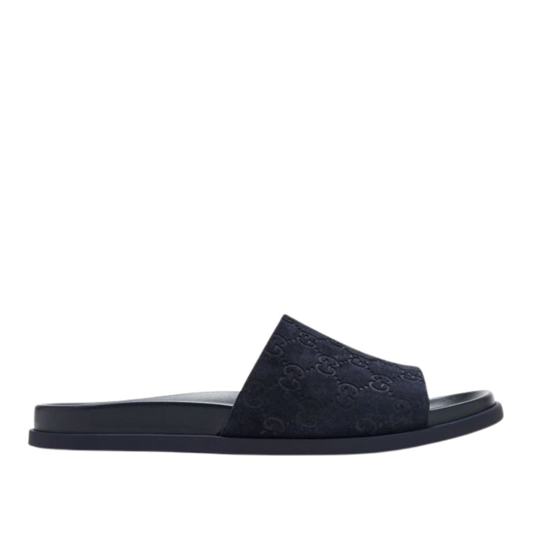 Gucci Engraved GG Monogram Slide Sandal Navy Blue Suede