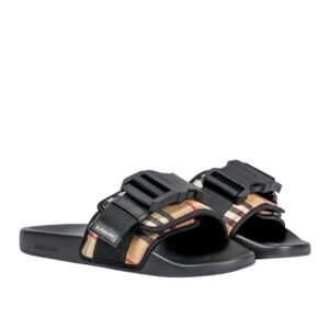 Burberry Check Black Buckled Strap  Slide Beige
