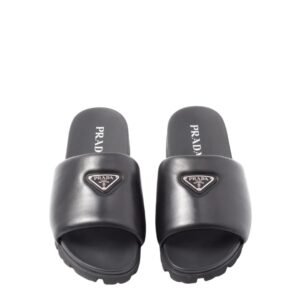Prada Triangle Logo Middle Black Leather Slippers