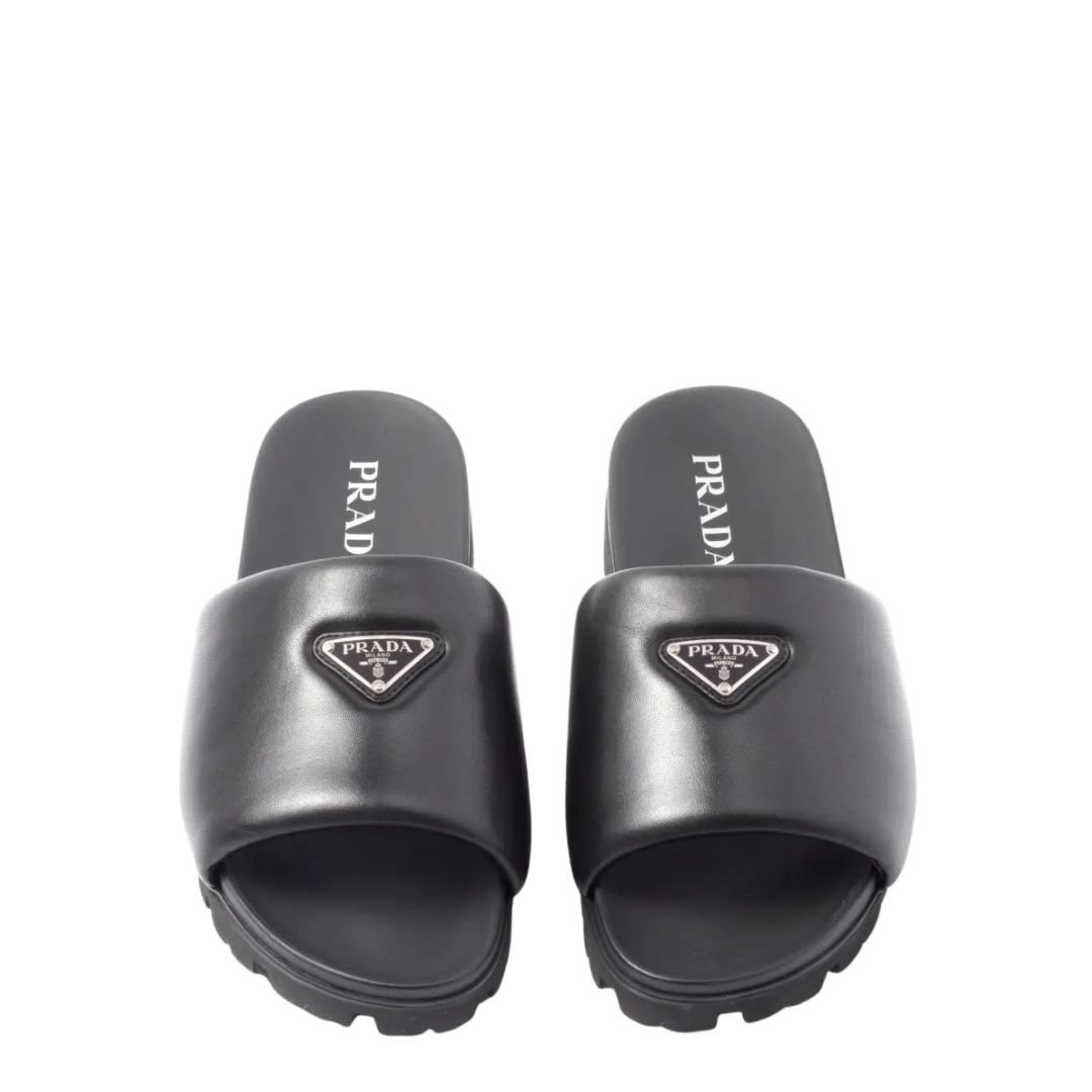 Prada Triangle Logo Middle Black Leather Slippers
