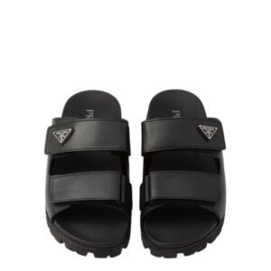 Prada Black Calfskin Logo Strap Slide Sandal