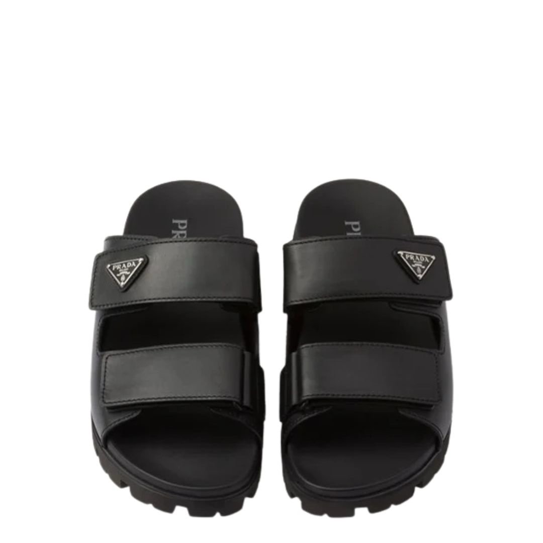 Prada Black Calfskin Logo Strap Slide Sandal